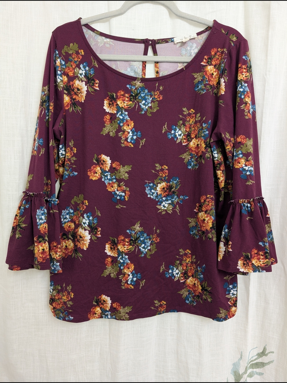 Nine Britton Floral Bell Sleeve Top XL Burgundy Boho Blouse